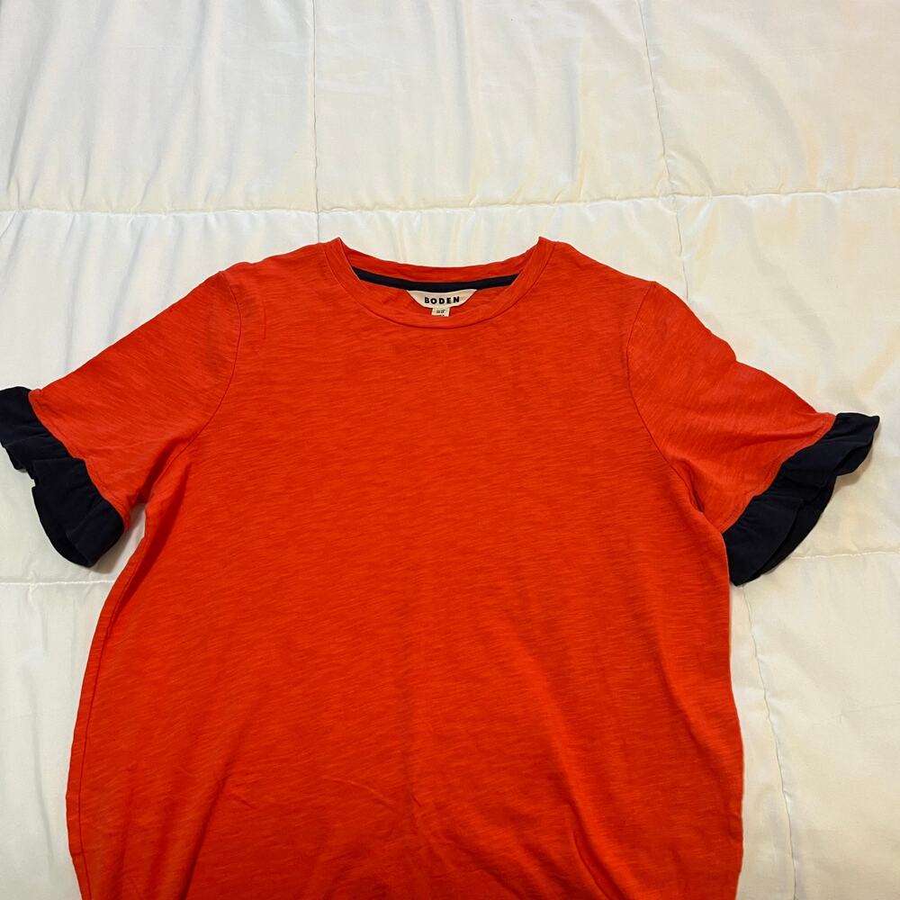 Boden Ruffle Cuff‎ T-Shirt Dress Womens 6R Orange Slub Cotton Short Sleeve Shift